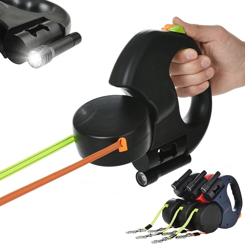 Double Laisse PawVolt™ — Anti-Nœuds 360° avec LED & Porte-Sacs pour 2 Chiens